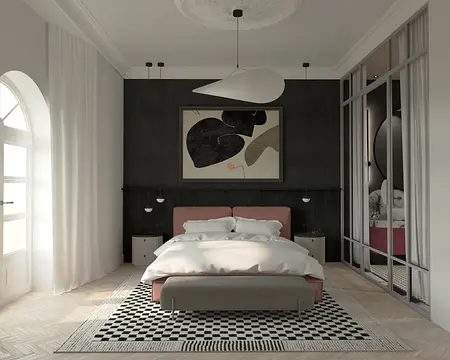 Sypialnia z elementami dopamine decor, eklektycznymi i glamour.