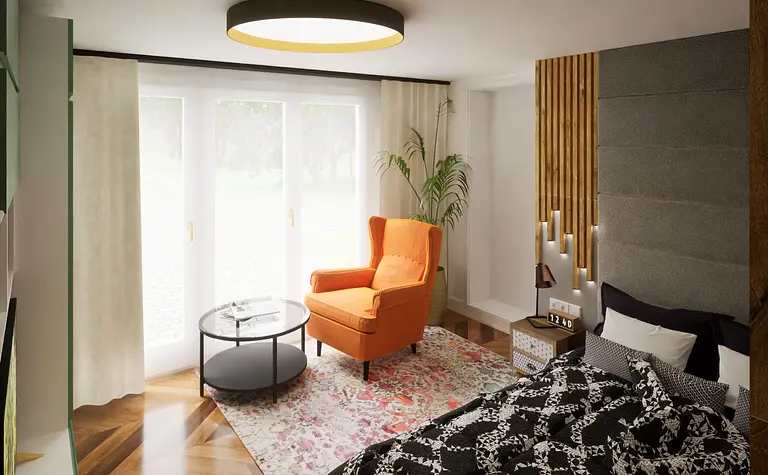 Wnętrze sypialni w stylu boho, eklektycznym i skandynawskim z pomarańczowym fotelem.