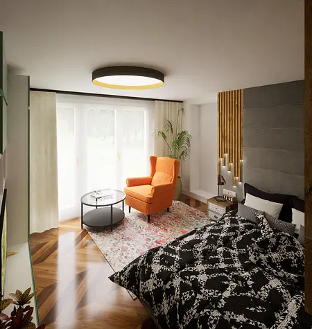 Wnętrze sypialni w stylu boho, eklektycznym i skandynawskim z pomarańczowym fotelem.