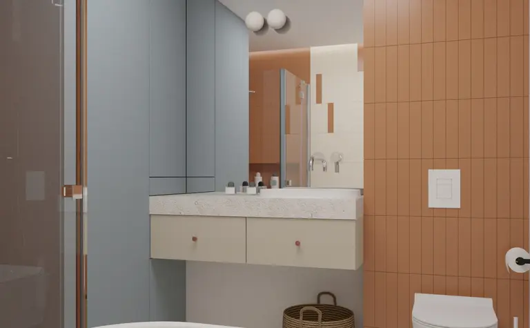 Wnętrze nowoczesnej łazienki z niebieskimi i pomarańczowymi akcentami, styl dopamine decor, eklektyczny.