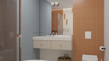 Wnętrze nowoczesnej łazienki z niebieskimi i pomarańczowymi akcentami, styl dopamine decor, eklektyczny.