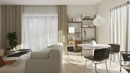 Wnętrze salonu w stylu nowoczesnym, soft minimalizm, vintage z białą sofą.