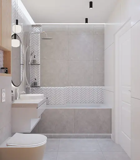 Łazienka w stylu art deco, glamour i nowoczesnym z szarymi płytkami i białym wyposażeniem.