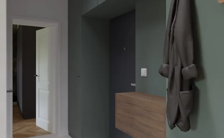 Przedpokój w stylu dopamine decor, eklektycznym i japandi z zielonymi ścianami.