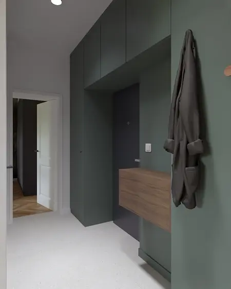 Przedpokój w stylu dopamine decor, eklektycznym i japandi z zielonymi ścianami.