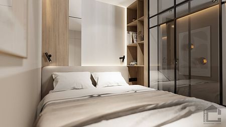 Wnętrze sypialni z beżowym łóżkiem, drewnianymi meblami, styl glamour, japandi, nowoczesny, współczesny.