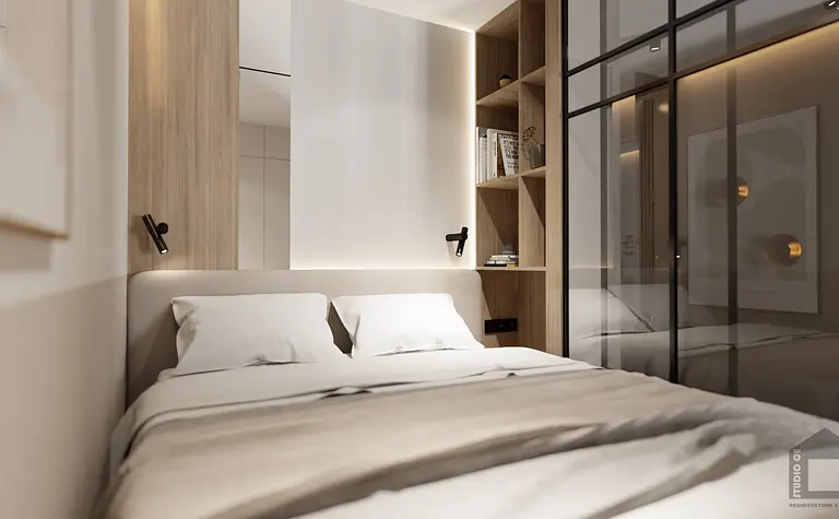 Wnętrze sypialni z beżowym łóżkiem, drewnianymi meblami, styl glamour, japandi, nowoczesny, współczesny.