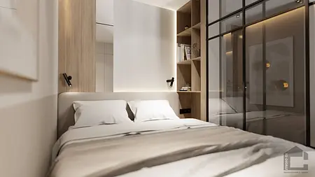 Wnętrze sypialni z beżowym łóżkiem, drewnianymi meblami, styl glamour, japandi, nowoczesny, współczesny.