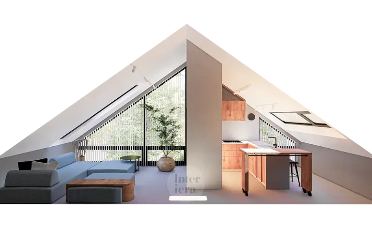 Wnętrze eklektycznego pokoju z kuchnią, minimalistycznymi meblami i dużymi oknami.