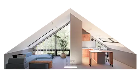 Wnętrze eklektycznego pokoju z kuchnią, minimalistycznymi meblami i dużymi oknami.