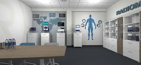 Nowoczesne biuro z białymi meblami i elementami industrialnymi.