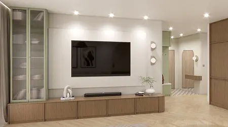 Salon z eklektycznymi i nowoczesnymi meblami oraz telewizorem