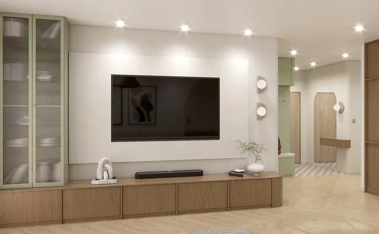 Salon z eklektycznymi i nowoczesnymi meblami oraz telewizorem