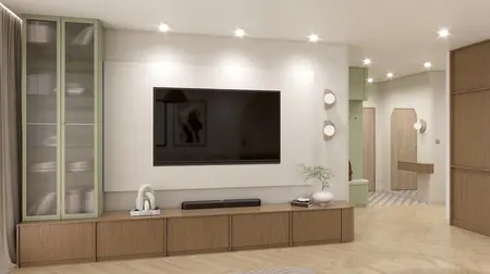 Salon z eklektycznymi i nowoczesnymi meblami oraz telewizorem