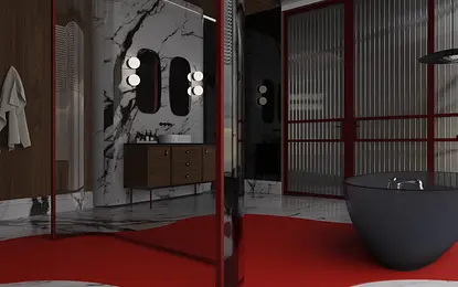 Wnętrze łazienki w stylu dopamine decor, eklektycznym i glamour z marmurowymi akcentami.