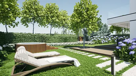 Nowoczesny ogród z leżakami, jacuzzi i kwiatami