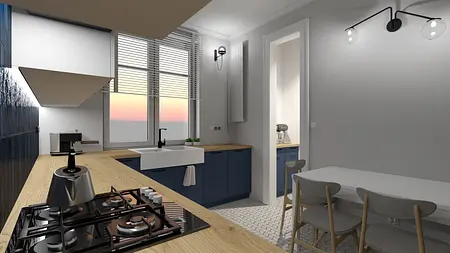 Kuchnia minimalistyczna z niebieskimi szafkami i drewnianym blatem, styl art deco, vintage.