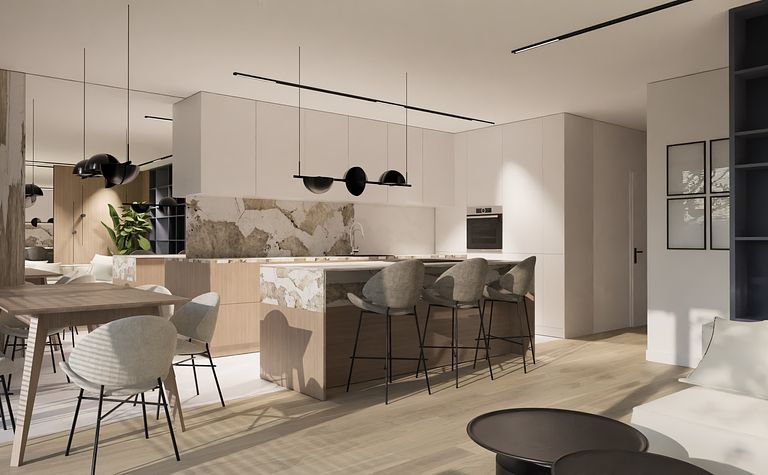 Wnętrze minimalistycznej kuchni z drewnianymi meblami i czarnymi dodatkami, styl quiet luxury.
