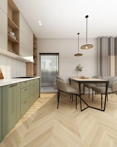 Nowoczesna kuchnia z minimalistycznym designem, rustykalne akcenty i drewniane elementy.