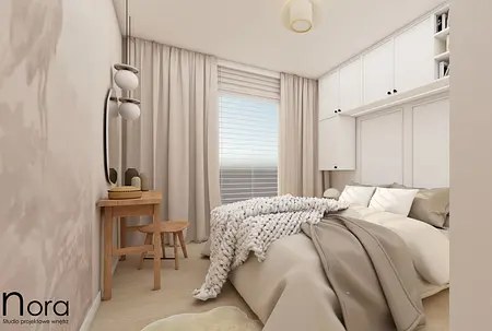 Sypialnia w stylu boho i skandynawskim z beżowymi akcentami.