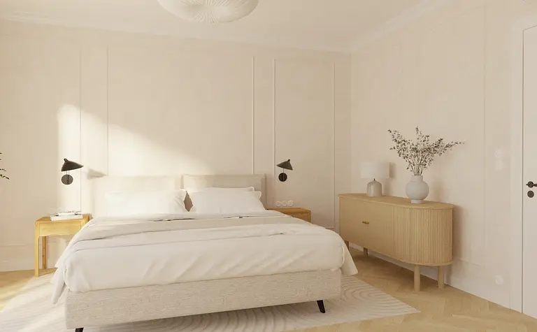 Sypialnia z minimalistycznym wystrojem, art deco i tradycyjnymi elementami.