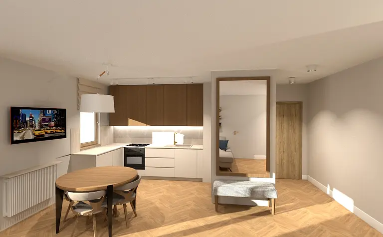 Wnętrze nowoczesnej kuchni z drewnianymi meblami i oświetleniem.