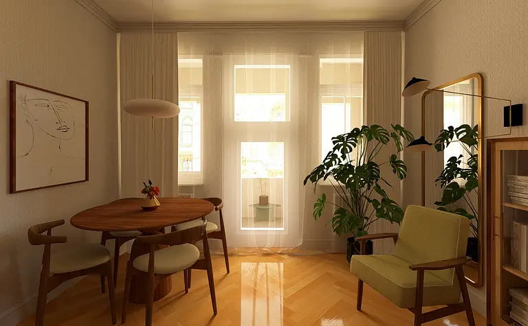 Wnętrze jadalni w stylu vintage z drewnianym stołem, zielonymi roślinami i dużymi oknami.