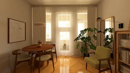 Wnętrze jadalni w stylu vintage z drewnianym stołem, zielonymi roślinami i dużymi oknami.