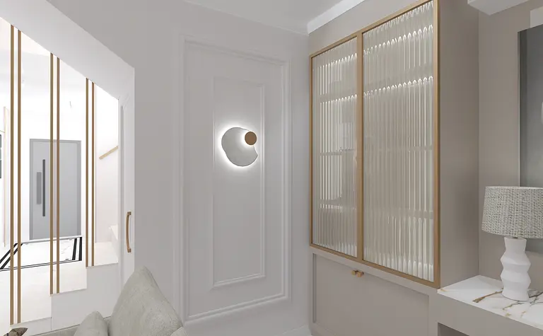 Wnętrze minimalistyczne z oświetleniem art deco i glamour, szklane meble, jasne ściany.