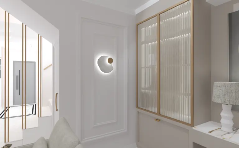 Wnętrze minimalistyczne z oświetleniem art deco i glamour, szklane meble, jasne ściany.