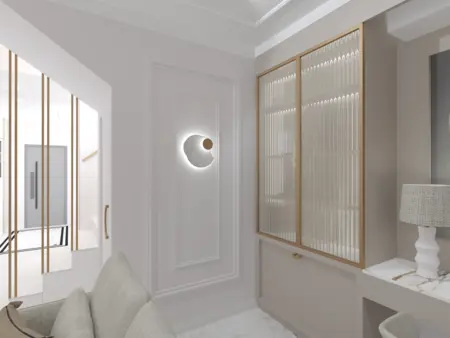 Wnętrze minimalistyczne z oświetleniem art deco i glamour, szklane meble, jasne ściany.