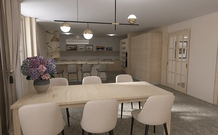 Wnętrze jadalni z drewnianym stołem, szarymi krzesłami i kwiatami.