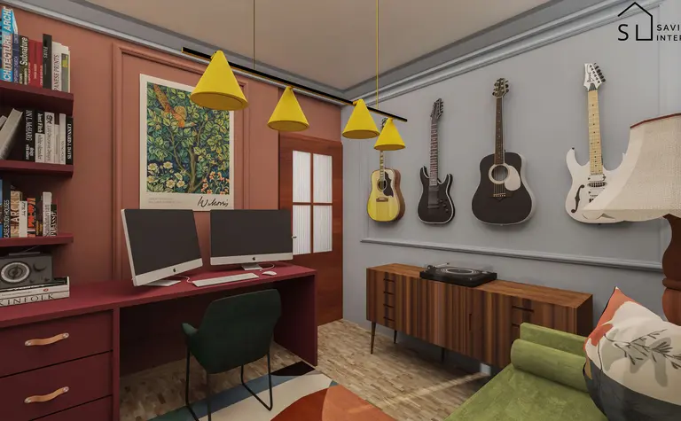 Wnętrze gabinetu z komputerami, gitarami i minimalistycznym designem.