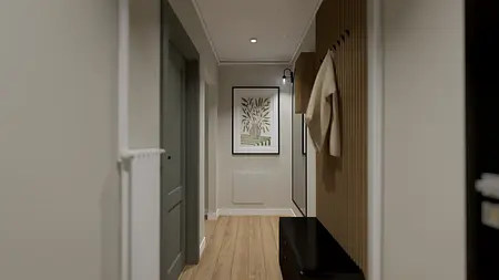 Przedpokój z minimalistycznym designem, drewniana podłoga, rośliny w ramie.