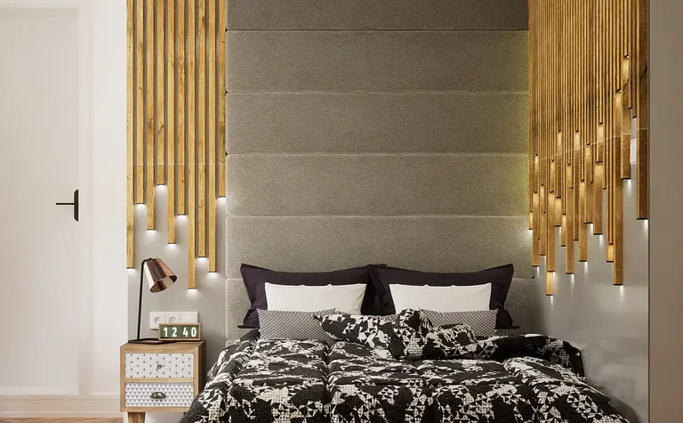 Sypialnia w stylu boho z drewnianymi detalami i eklektycznymi akcentami.