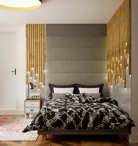 Sypialnia w stylu boho z drewnianymi detalami i eklektycznymi akcentami.