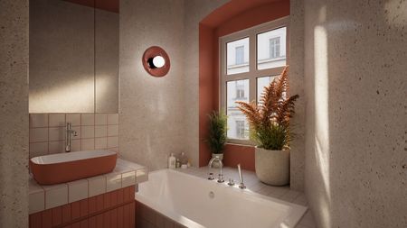 Nowoczesna łazienka z białą wanną, różowymi ścianami i roślinami w stylu dopamine decor, eklektycznym, vintage.