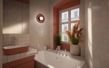 Nowoczesna łazienka z białą wanną, różowymi ścianami i roślinami w stylu dopamine decor, eklektycznym, vintage.
