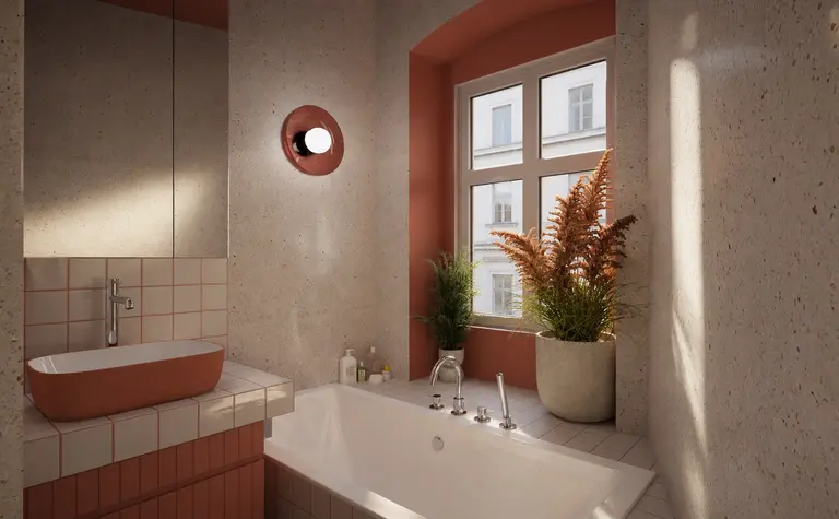 Nowoczesna łazienka z białą wanną, różowymi ścianami i roślinami w stylu dopamine decor, eklektycznym, vintage.