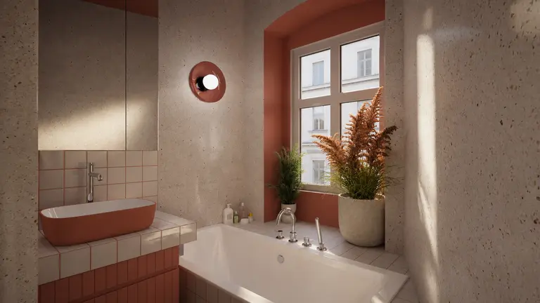 Nowoczesna łazienka z białą wanną, różowymi ścianami i roślinami w stylu dopamine decor, eklektycznym, vintage.