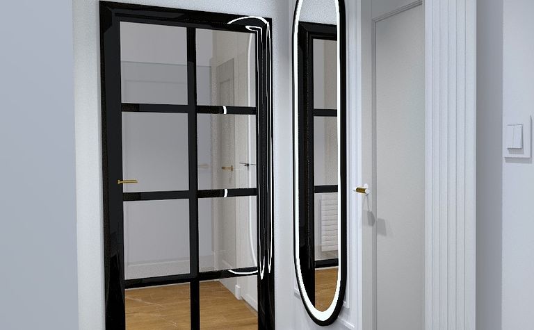 Nowoczesny przedpokój z czarnymi akcentami, lustrem i marmurową podłogą.