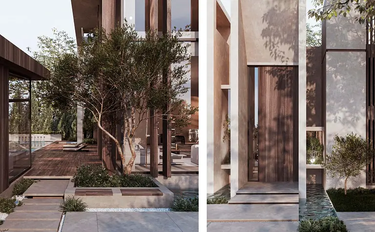 Wizualizacja tarasu z drewnianymi detalami, minimalistyczną architekturą i zielonymi roślinami.