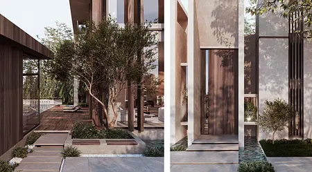 Wizualizacja tarasu z drewnianymi detalami, minimalistyczną architekturą i zielonymi roślinami.