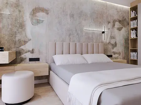 Wnętrze sypialni w stylu japandi z nowoczesnymi elementami quiet luxury.