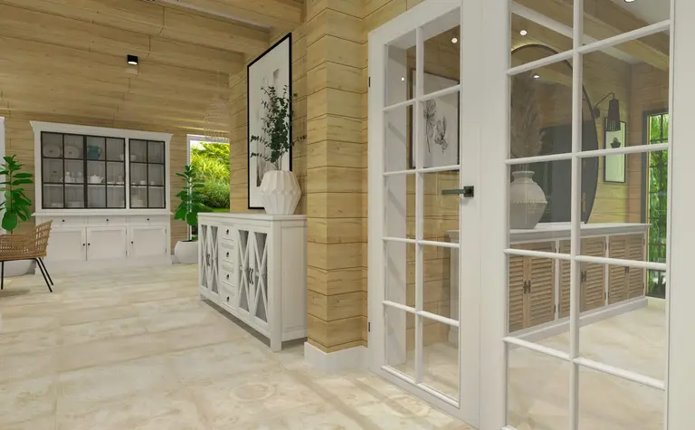 Wnętrze w stylu boho, prowansalskim i rustykalnym z białymi meblami i drewnianymi detalami.