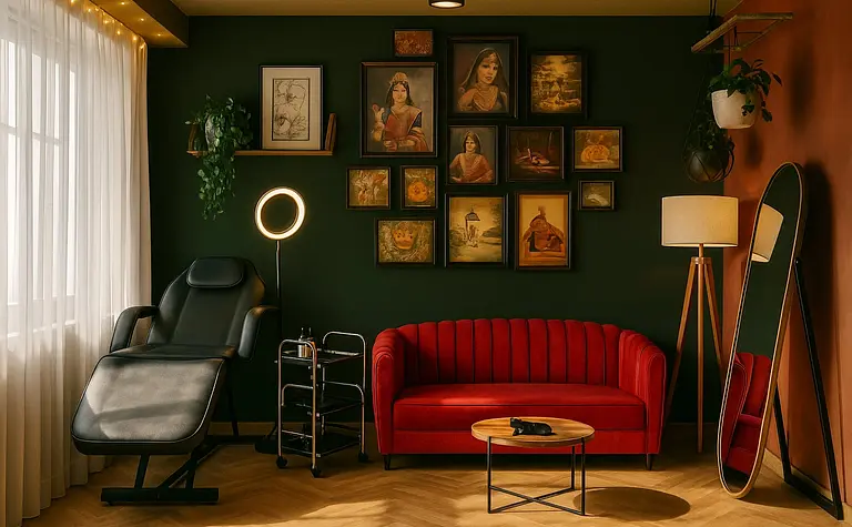Wnętrze z czerwonym kanapą, zieloną ścianą i galerią obrazów.