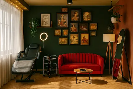 Wnętrze z czerwonym kanapą, zieloną ścianą i galerią obrazów.