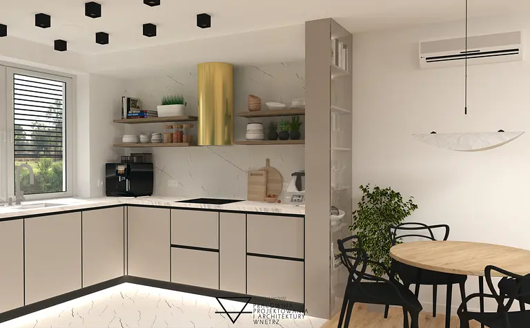 Nowoczesna kuchnia w stylu minimalistycznym z beżowymi meblami i drewnianym blatem