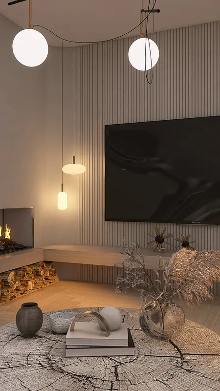 Wnętrze salonu w stylu boho i minimalistycznym z kominkiem, nowoczesnymi lampami i dekoracjami.
