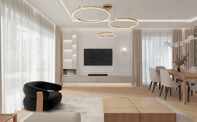 Wnętrze salonu z dużymi oknami, drewnianym stołem i czarnym fotelem, styl dopamine decor.